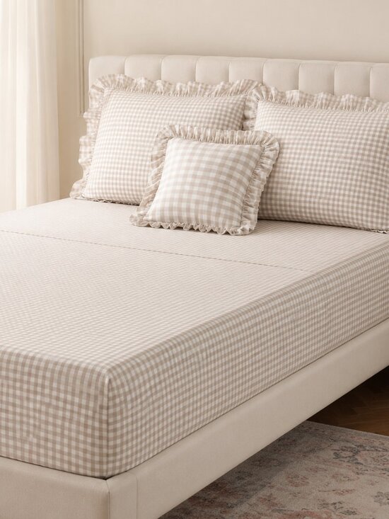 Rachel Zoe Other - NWT Rachel Zoe Beige Gingham Ruffle Accent Pillow/Queen Sheet ONLY- Cottagecore